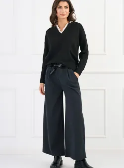 Pantaloni office din stofa antracit cu buzunare si cordon din piele ecologica