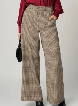 Pantaloni office din stofa bej cu carouri rosii