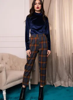 Pantaloni office din stofa bleu cu carouri maro camel
