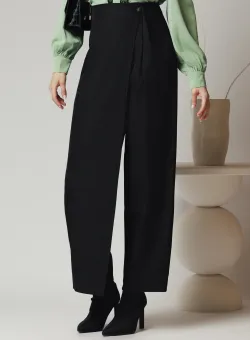 Pantaloni office din stofa negri cu aplicatie petrecuta