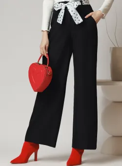 Pantaloni office din stofa negri cu cordon in talie