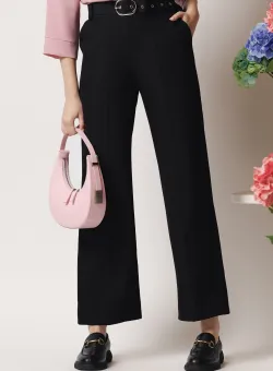 Pantaloni office din stofa negri cu dunga si curea in talie