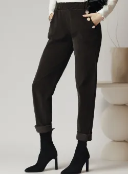 Pantaloni office din velur maro cu nasturi la buzunare