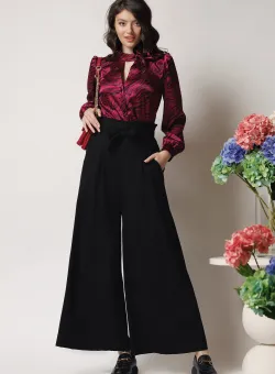 Pantaloni office din viscoza negri cu pliuri si cordon in talie