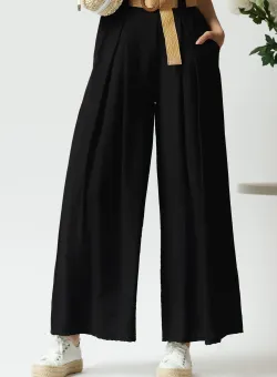 Pantaloni smart-casual din in negri cu pliuri si curea in talie