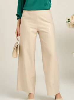 Pantaloni smart-casual din viscoza bej cu paiete