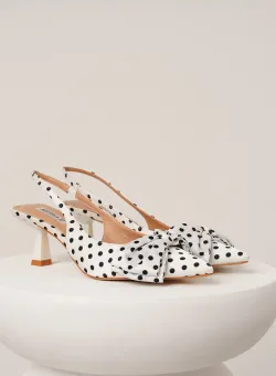 Pantofi eleganti din material satinat albi cu buline si funda