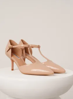 Pantofi eleganti din piele ecologica lacuita bej cu bareta