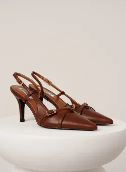 Pantofi eleganti din piele ecologica maro cu barete si catarame