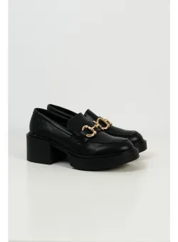 Pantofi Oxford negri cu toc gros si aplicatie metalica