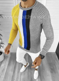 Pulover barbati gros slim fit gri deschis T3578 114-1 U7-2