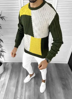 Pulover barbati gros slim fit kaki T3611 I14-5