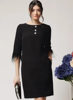 Rochie DY Fashion eleganta din stofa neagra cu nasturi la bust si pene la maneci