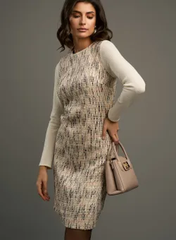 Rochie DY Fashion office din tweed bej cu bleumarin