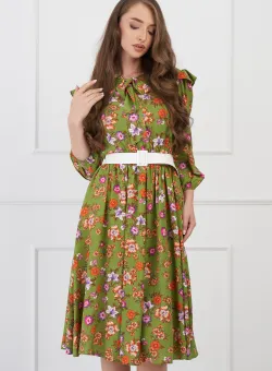 Rochie DY Fashion verde cu imprimeu floral orange si curea in talie
