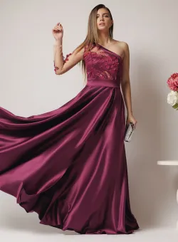 Rochie Ella Collection Alesia lunga eleganta din tafta mov cu broderie la bust