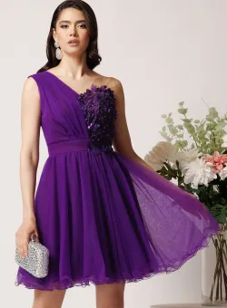 Rochie Ella Collection Serena scurta din tull mov cu flori pe bust