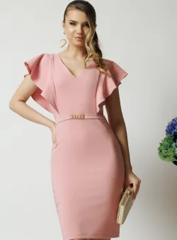 Rochie LaDonna eleganta din stofa roz cu accesoriu in talie si volane