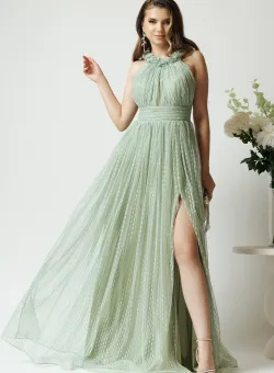 Rochie lunga de ocazie din dantela verde mint cu glitter