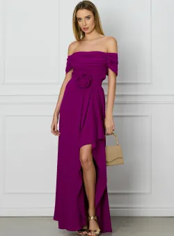 Rochie magenta lunga cu trandafir in talie