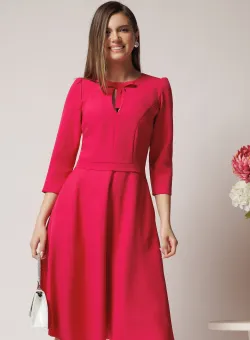 Rochie Moze office fucsia din stofa cu funda si decupaj la guler