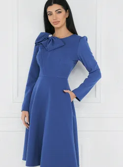 Rochie office din stofa albastra cu funda maxi la bust