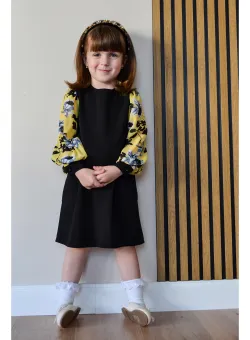 Rochita pentru fetite Dy Fashion neagra cu imprimeuri pe maneci