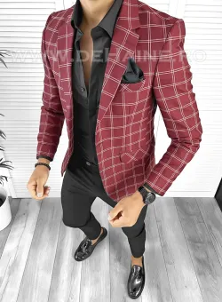 Sacou barbati slim fit grena in carouri B8332 29-4.1 E 46-1.2 ~