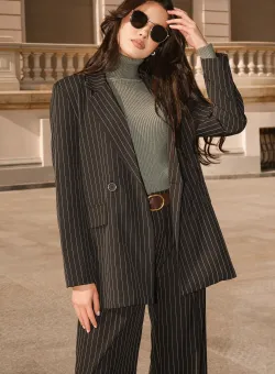 Sacou office din stofa negru cu dungi albe si doi nasturi