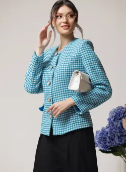 Sacou office din tweed bleu cu imprimeu pepit