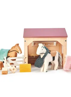 Set figurine din lemn, Grajd cu cai, pentru Casute de papusa, Tender Leaf Toys, 13 piese