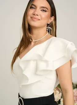Top DY Fashion elegant din barbi alb cu volan maxi pe umar