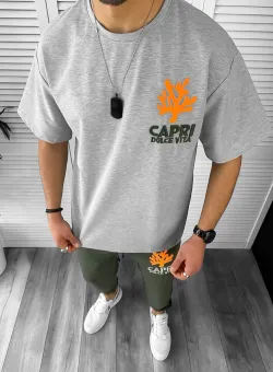 Trening barbati gri/kaki pantaloni + tricou oversize 12918 28-3