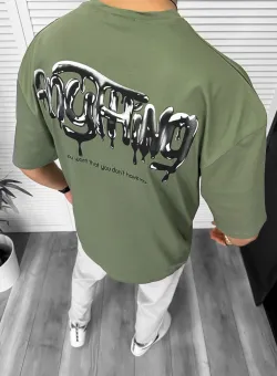 Tricou barbati kaki cu imprimeu pe spate oversize 11818 O5-6.1