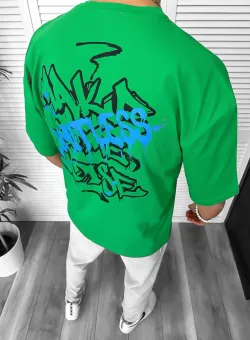 Tricou barbati verde cu imprimeu pe spate oversize 11814 22A-2.3