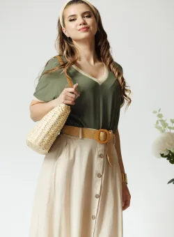 Tricou casual din viscoza kaki cu fir lurex la decolteu si maneci