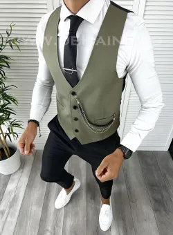 Vesta barbati eleganta slim fit kaki V8 107-3 E~