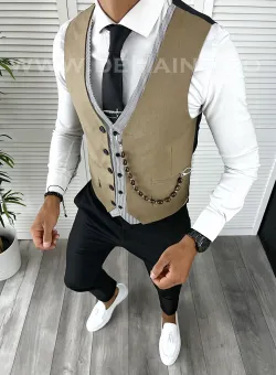 Vesta barbati eleganta slim fit maro deschis V14 107-2 E~
