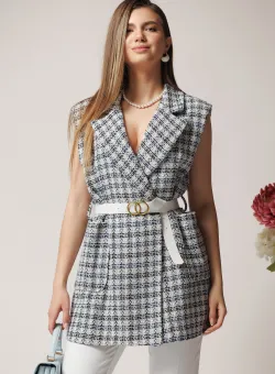 Vesta office din tweed cu carouri negre si curea in talie