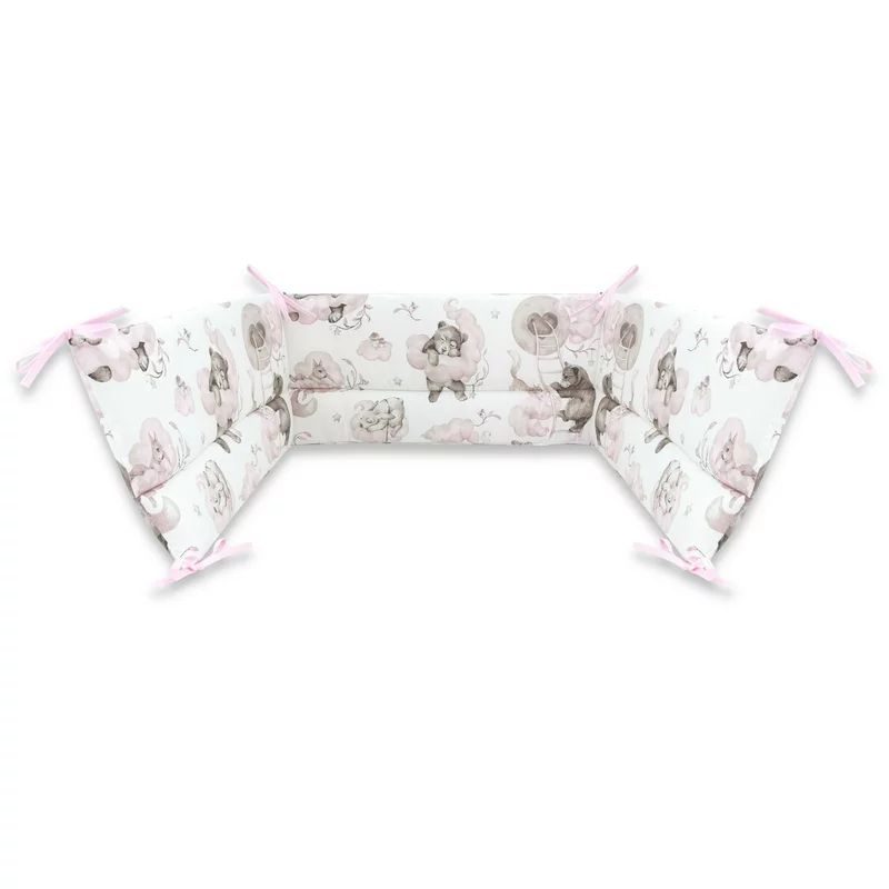 Aparatoare pentru patut, Qmini, Din bumbac certificat Oeko Tex Standard 100, 180x30 cm, Cu panglici, Teddy Bear and Friends Pink