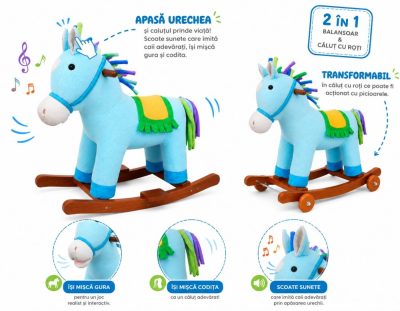 Balansoar Little Mom Unicorn Bouncy din plus,cu roti, sunete baza solida din lemn, recomandat 3 ani+