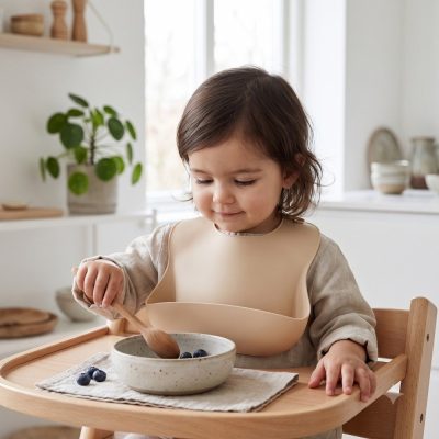 Baveta pentru copii Bocioland Bej din silicon alimentar, inchidere reglabila, buzunar pentru resturi alimentare, compatibila masina vase