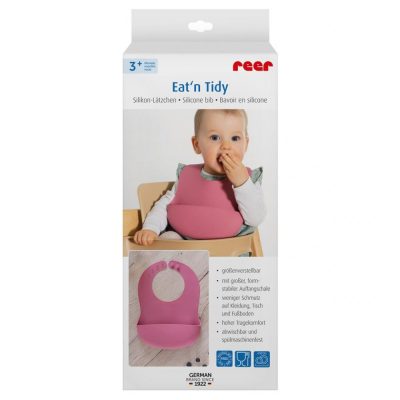 Bavetica Reer reglabila din silicon moale cu buzunar colector Eatn Tidy Roz 25044