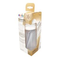 Biberon anticolici Akuku 240ml si gat larg, tetina din silicon cu supapa anticolici, materiale sigure fara BPA, indicator cantitate usor de citit