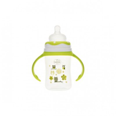 Biberon gat larg cu manere Minut Baby cu tetina silicon 0+ 150 ml verde