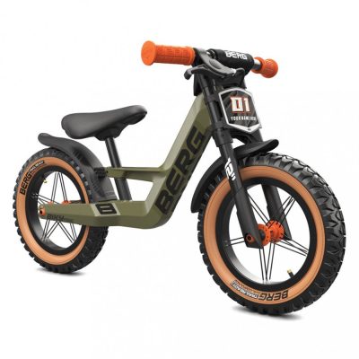 Bicicleta copii fara pedale Berg Biky Trail verde 12 inch, scaun reglabil pe inaltime de la 32-45 cm, inaltime utilizator 90-120 cm, greutate maxima utilizator 30 kg, frana de mana, de la 2 ani