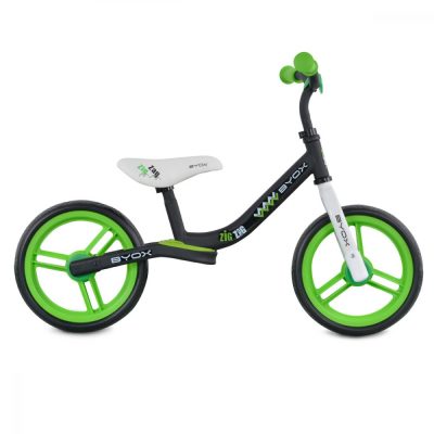 Bicicleta copii fara pedale Byox Zig-Zag Green 12 inch, roti din cauciuc EVA, scaun ajustabil pe inaltime de la 36 cm pana la 45 cm, de la 2 ani pana la greutatea maxima admisa de 20 kg
