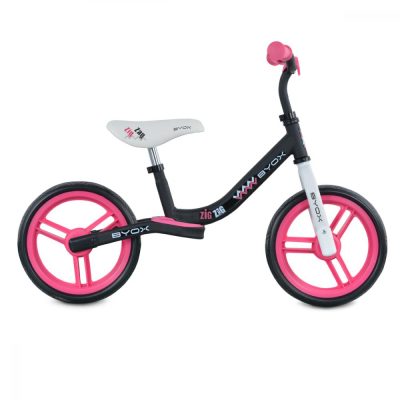 Bicicleta copii fara pedale Byox Zig-Zag Pink 12 inch, roti din cauciuc EVA, scaun ajustabil pe inaltime de la 36 cm pana la 45 cm, de la 2 ani pana la greutatea maxima admisa de 20 kg
