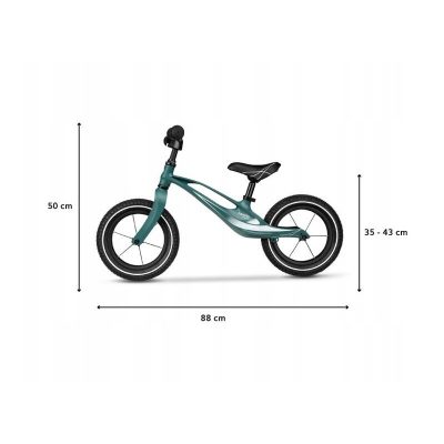Bicicleta copii fara pedale Lionelo Bart Air green forest 12 inch, cu roti gonflabile, constructie din magneziu, greutate foarte mica, scaun si ghidon reglabile pe inaltime, greutate maxima suportata 30 kg