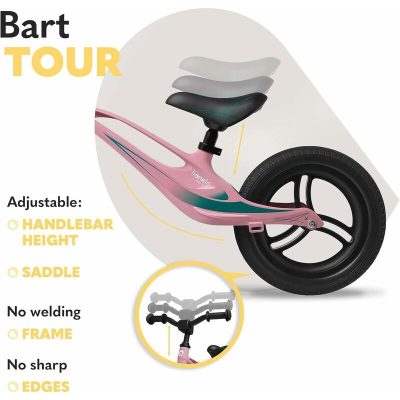Bicicleta copii fara pedale Lionelo Bart Tour Pink Bubblegum 12 inch, usoara, ghidon reglabil, scaun reglabil de la 36-43 cm, cadru  magneziu, proprietati de amortizare, roti spuma PU, maner de transport, de la 2 ani
